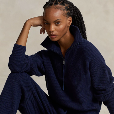 Shop Ralph Lauren Rib-knit Cashmere-wool Half-zip Sweater In Refined Navy