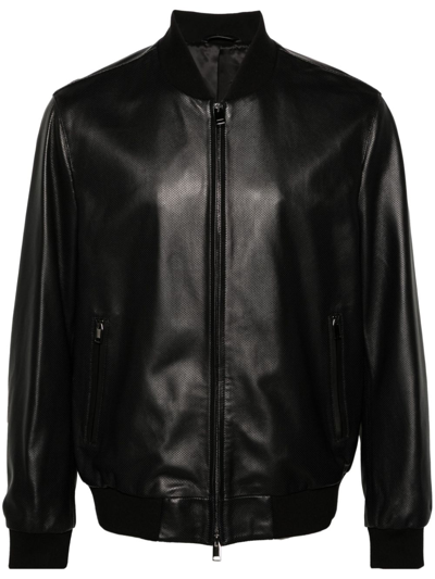 Shop Brioni Black Perforated Leather Bomber Jacket