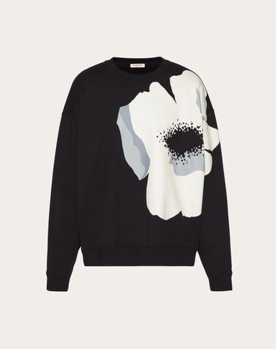 Shop Valentino Cotton Crewneck Sweatshirt With Flower Portrait Print In Black/grey/ivory