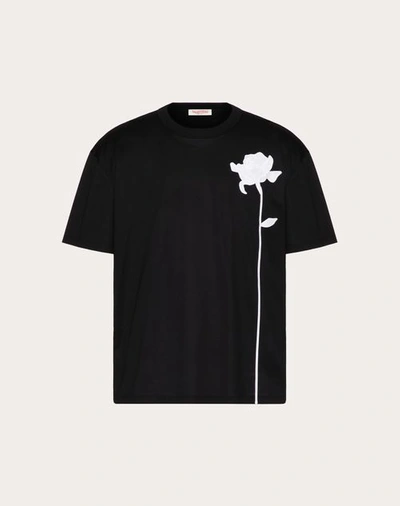 Shop Valentino Mercerised Cotton T-shirt With Flower Embroidery In Black