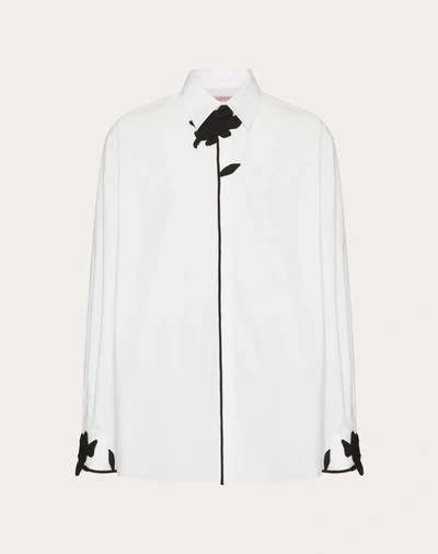 Shop Valentino Long-sleeved Shirt In Cotton Poplin With Flower Embroidery In White/ Black