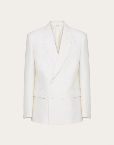 Shop Valentino Double-breasted Wool And Silk Jacket With Flower Embroidery In Ivory