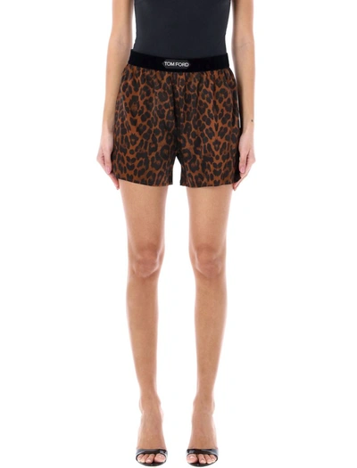 Tom Ford Velvet-trimmed Leopard-print Silk-blend Satin Shorts In Leopard