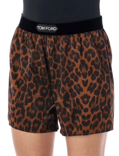 Tom Ford Velvet-trimmed Leopard-print Silk-blend Satin Shorts In Leopard