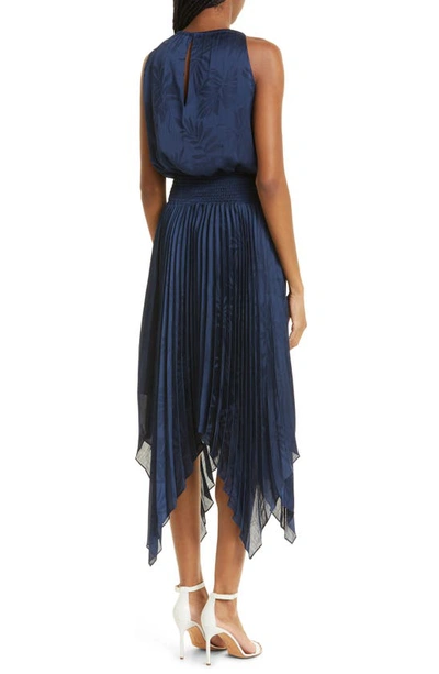 Ramy Brook Gia Palm Print Metallic Satin Jacquard Handkerchief Hem Dress In Spring Navy Island Palm