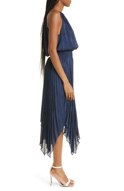 Ramy Brook Gia Palm Print Metallic Satin Jacquard Handkerchief Hem Dress In Spring Navy Island Palm