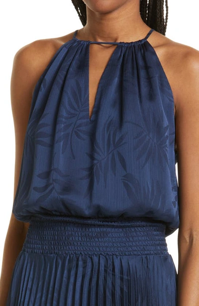 Ramy Brook Gia Palm Print Metallic Satin Jacquard Handkerchief Hem Dress In Spring Navy Island Palm
