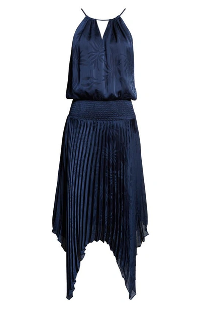 Ramy Brook Gia Palm Print Metallic Satin Jacquard Handkerchief Hem Dress In Spring Navy Island Palm
