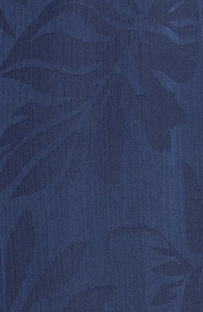 Ramy Brook Gia Palm Print Metallic Satin Jacquard Handkerchief Hem Dress In Spring Navy Island Palm
