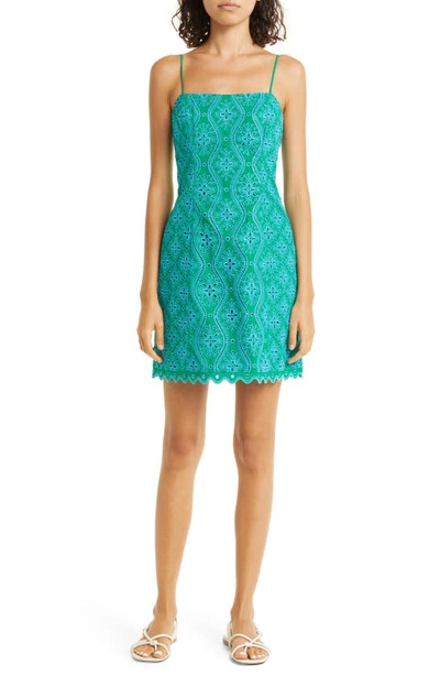 Shop Saloni Embroidered Cotton Eyelet Dress In 828-emerald/ Sky