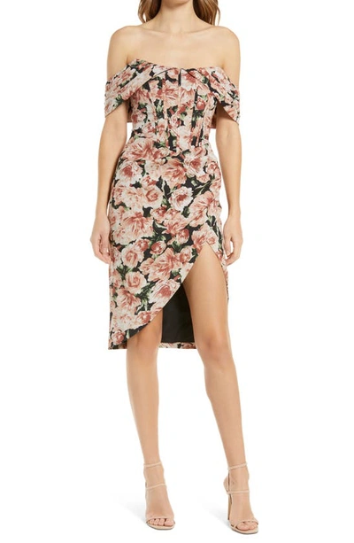 Shop Lavish Alice Floral Print Pleat Off The Shoulder Corset Dress In Dark Floral