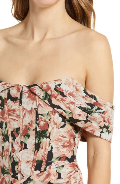 Lavish Alice Floral Print Pleat Off The Shoulder Corset Dress In Dark Floral