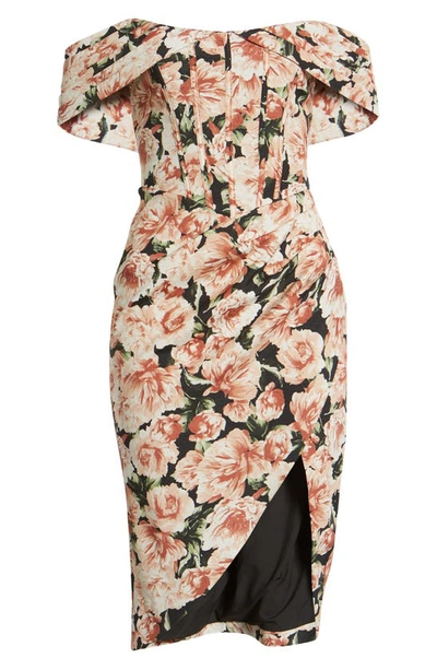 Lavish Alice Floral Print Pleat Off The Shoulder Corset Dress In Dark Floral