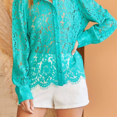 Shop Savanna Jane Andree By Unit Crochet Lace Button Down Shirt In Green