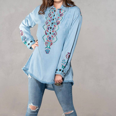 Shop Vintage Collection Charlie Floral Embroidered Tencel Shirt In Blue
