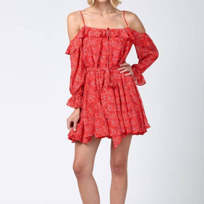 Shop Fate Floral Print Cold Shoulder Ruffle Dress In Red