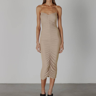 Shop Enza Costa Stretch Silk Knit Ruched Strappy Dress In Brown