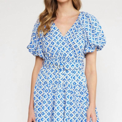 Shop Entro V-neck Puff Sleeve Mini Dress In Blue