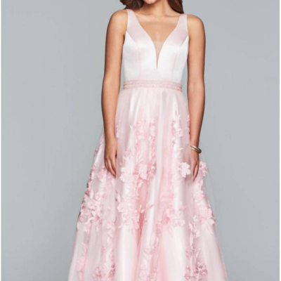 Shop Faviana Long Gown With Tulle Skirt In Pink