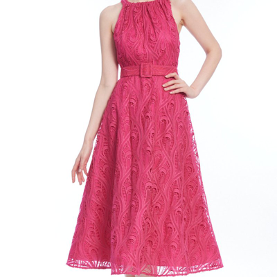 Shop Badgley Mischka Paisley Lace Halter Midi Dress With Belt In Pink