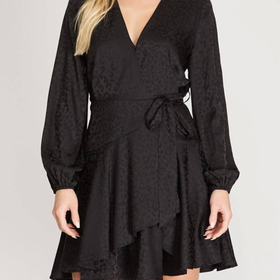 Shop She + Sky Leopard Satin Jacquard Wrap Dress With Flare Hem In Black