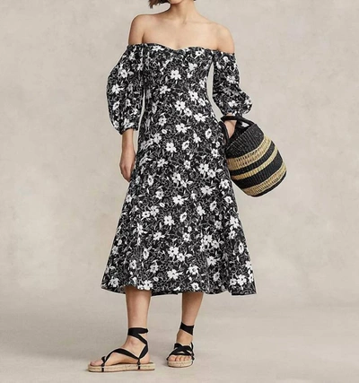 Shop Ralph Lauren Polo Ayla Floral Off Shoulder Dress In Cream Lily/black In Multi
