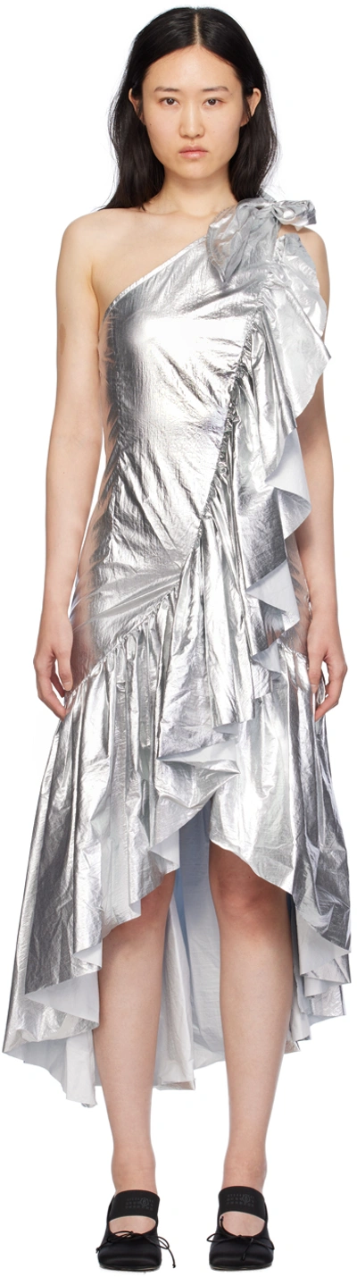 Shop Mm6 Maison Margiela Silver Ruffles Midi Dress In 905 Silver