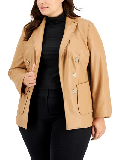 Shop Anne Klein Plus Womens Faux Leather Open Front Double-breasted Blazer In Brown