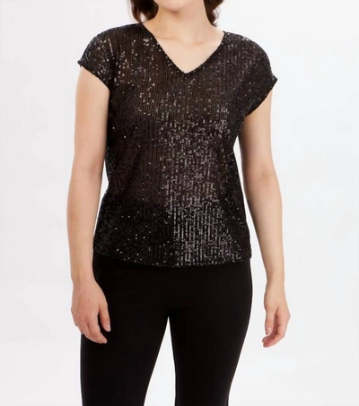 Frank Lyman Sequin V-neck Knit Top In Black In Black