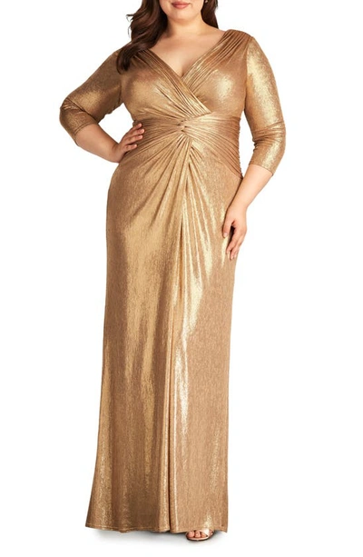 Shop Tadashi Shoji Metallic Long Sleeve Gown In Gold Dust