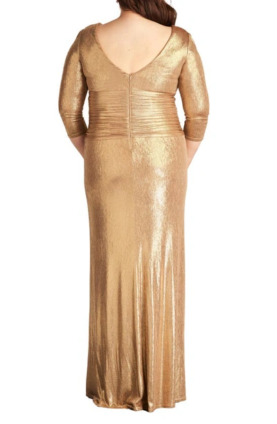 Shop Tadashi Shoji Metallic Long Sleeve Gown In Gold Dust