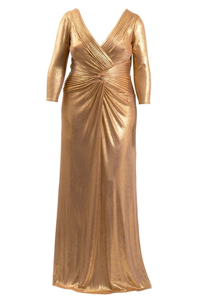 Shop Tadashi Shoji Metallic Long Sleeve Gown In Gold Dust