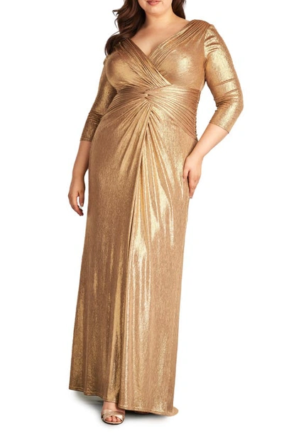 Tadashi Shoji Plus Size Metallic Twist-front Column Gown In Gold Dust