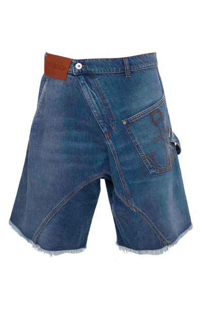 Shop Jw Anderson Twisted Cutoff Nonstretch Denim Workwear Shorts In Light Blue Denim