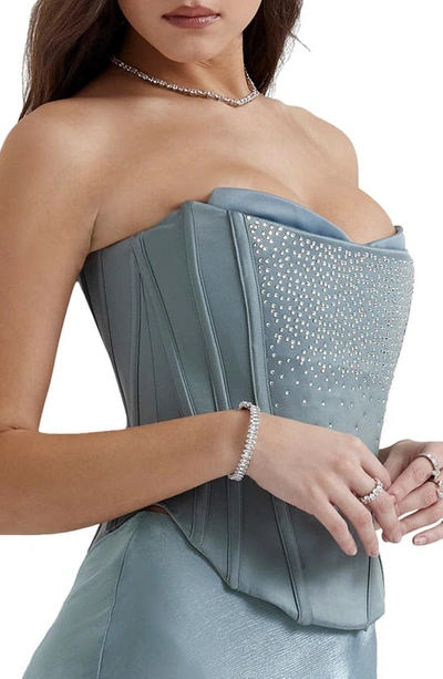 House Of Cb Nastassia Embellished Satin Corset In Cool Blue