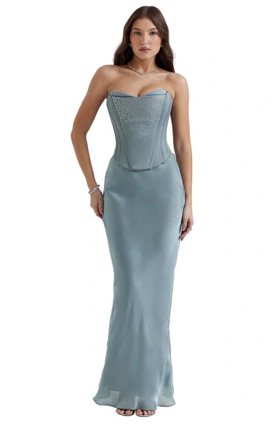 House Of Cb Nastassia Embellished Satin Corset In Cool Blue