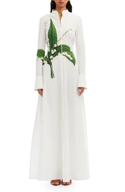 Shop Oscar De La Renta Lily Of The Valley Long Sleeve Tie Waist Maxi Shirtdress In Green/ White