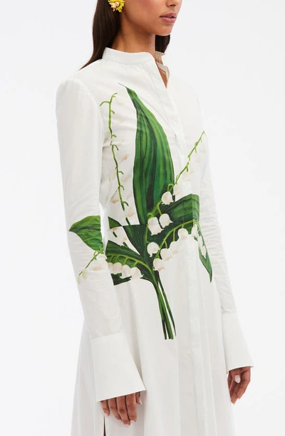 Shop Oscar De La Renta Lily Of The Valley Long Sleeve Tie Waist Maxi Shirtdress In Green/ White