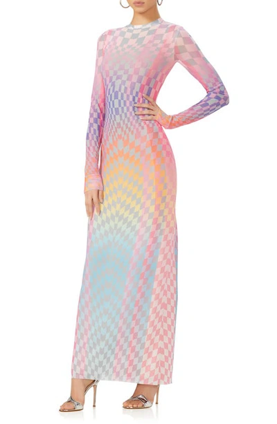 Shop Afrm Didi Long Sleeve Mesh Maxi Dress In Grid Ombre