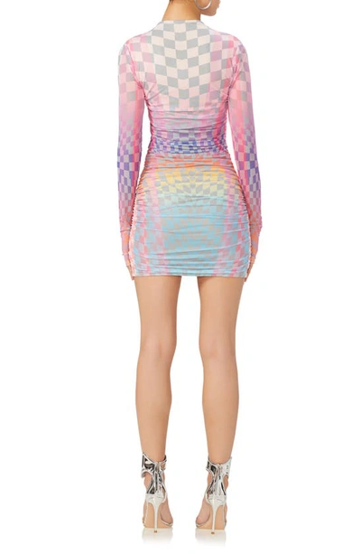 Shop Afrm Darcie Geo Print Long Sleeve Mesh Minidress In Grid Ombre