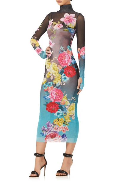 Shop Afrm Shailene Turtleneck Long Sleeve Mesh Dress In Aqua Rose Nude