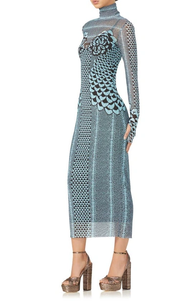 Shop Afrm Shailene Turtleneck Long Sleeve Mesh Dress In Aqua Petals
