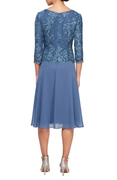 Shop Alex Evenings Sequin Embroidery Mixed Media Cocktail Dress In Vintage Blue