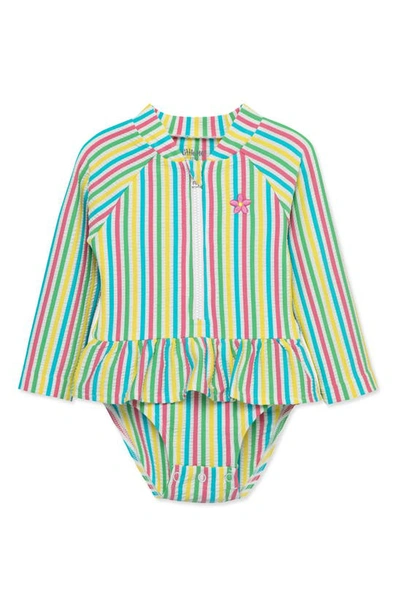 Shop Little Me Kids' Stripe Skirted One-piece Rashguard Swimsuit In Pink Multi