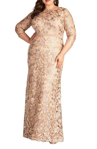 Shop Tadashi Shoji Floral Embroidered Gown In Pebble