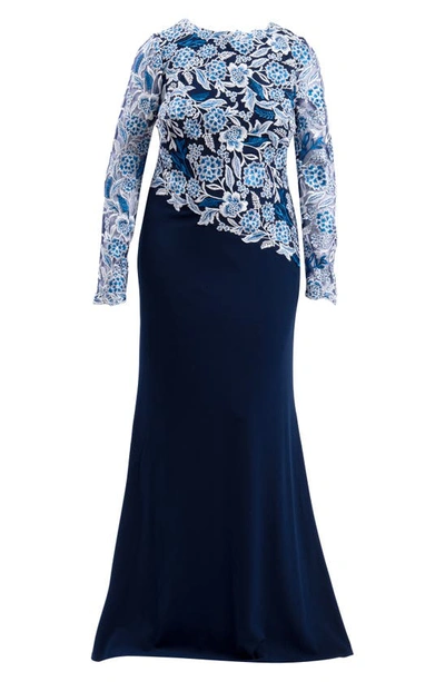 Shop Tadashi Shoji Embroidered Long Sleeve Gown In Pacific Blue