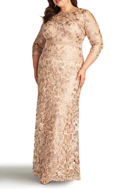 Shop Tadashi Shoji Floral Embroidered Gown In Pebble