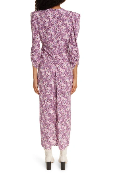 Shop Isabel Marant Albini Abstract Print Ruched Stretch Silk Midi Dress In Mauve