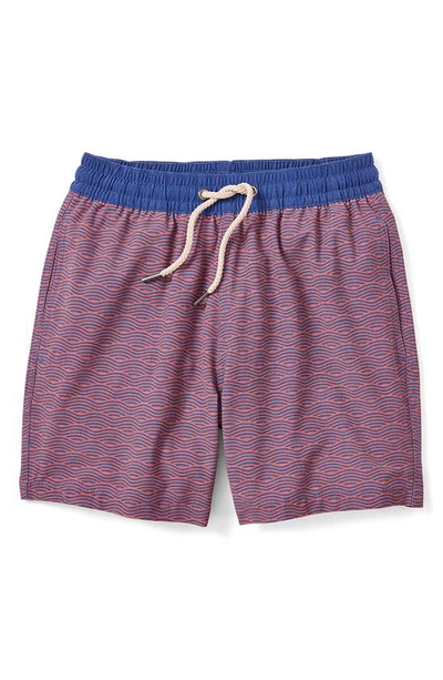 Shop Fair Harbor Kids' Bayberry Wave Print Water Repellent Swim Trunks In Red Waves