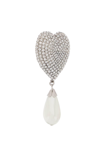 Shop Alessandra Rich Heart Crystal Earrings With Pearls In Silver